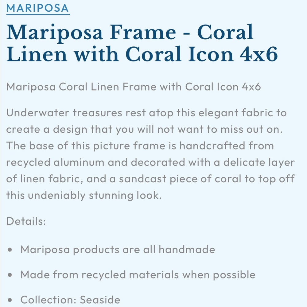 Mariposa Photo Frame 4 x 6 Coral Linen w Coral Icon Attached at Corner NEW - Picture 3 of 5